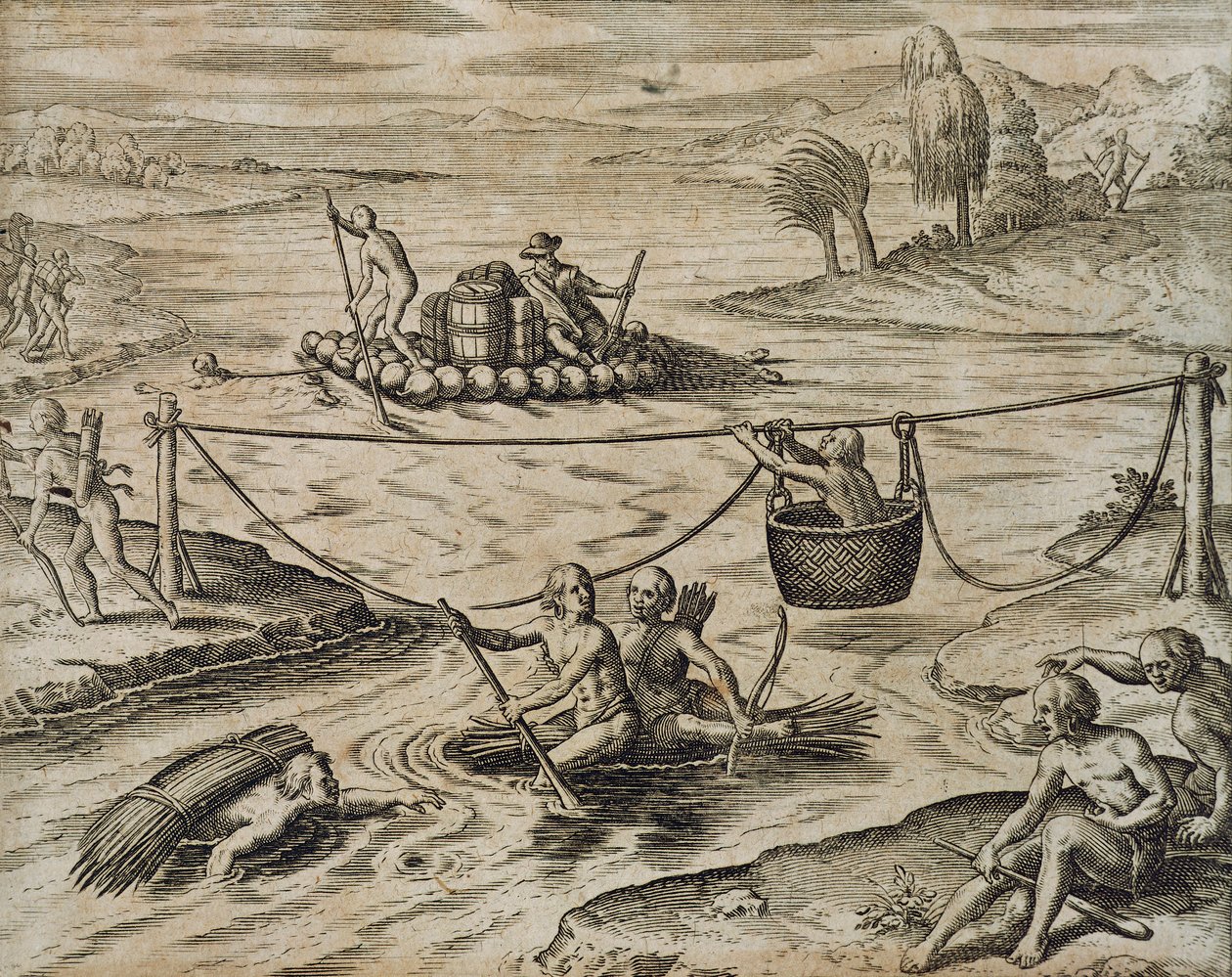 Theodore de Bry tarafından River Rapids Aşağı Gidiyor Kızılderili Kızılderilileri by Theodore de Bry