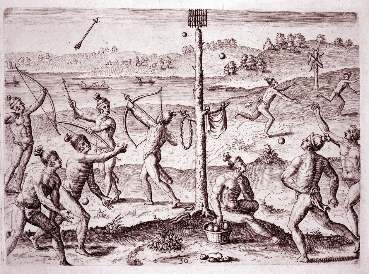 Koşma, ok atma ve top atma pratiği yapan Kızılderililer, Florida (Gravür by Theodore de Bry
