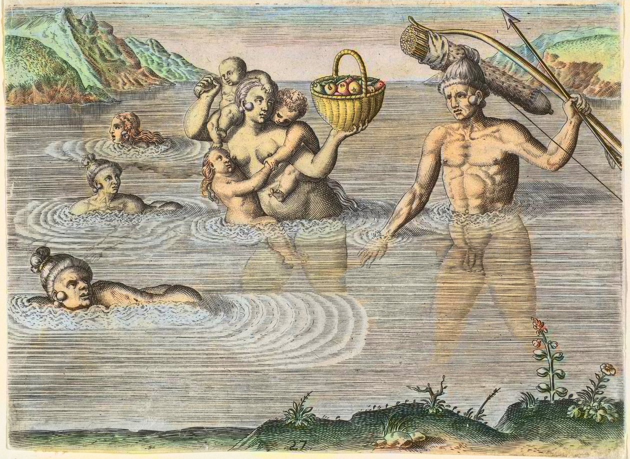 Florida Yerlileri: Bir adadan diğerine yüzen bir aile. “Amerika”dan, II. Kısımdan by Theodore de Bry