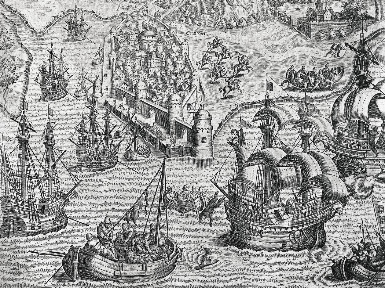 Deniz savaşı, Theodore de Bry (1528-1598), Frankfurt tarafından Amerikan Tarihinden gravür by Theodore de Bry