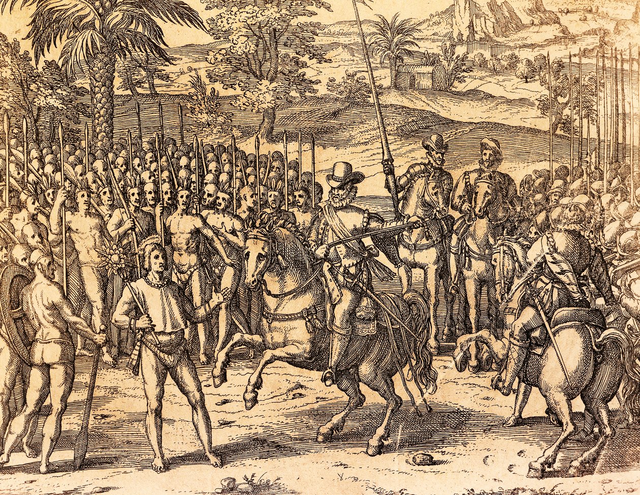 Yerliler Tarafından Karşılanan Pizarro, Theodore de Bry tarafından Amerikan Tarihinden İllüstrasyon by Theodore de Bry