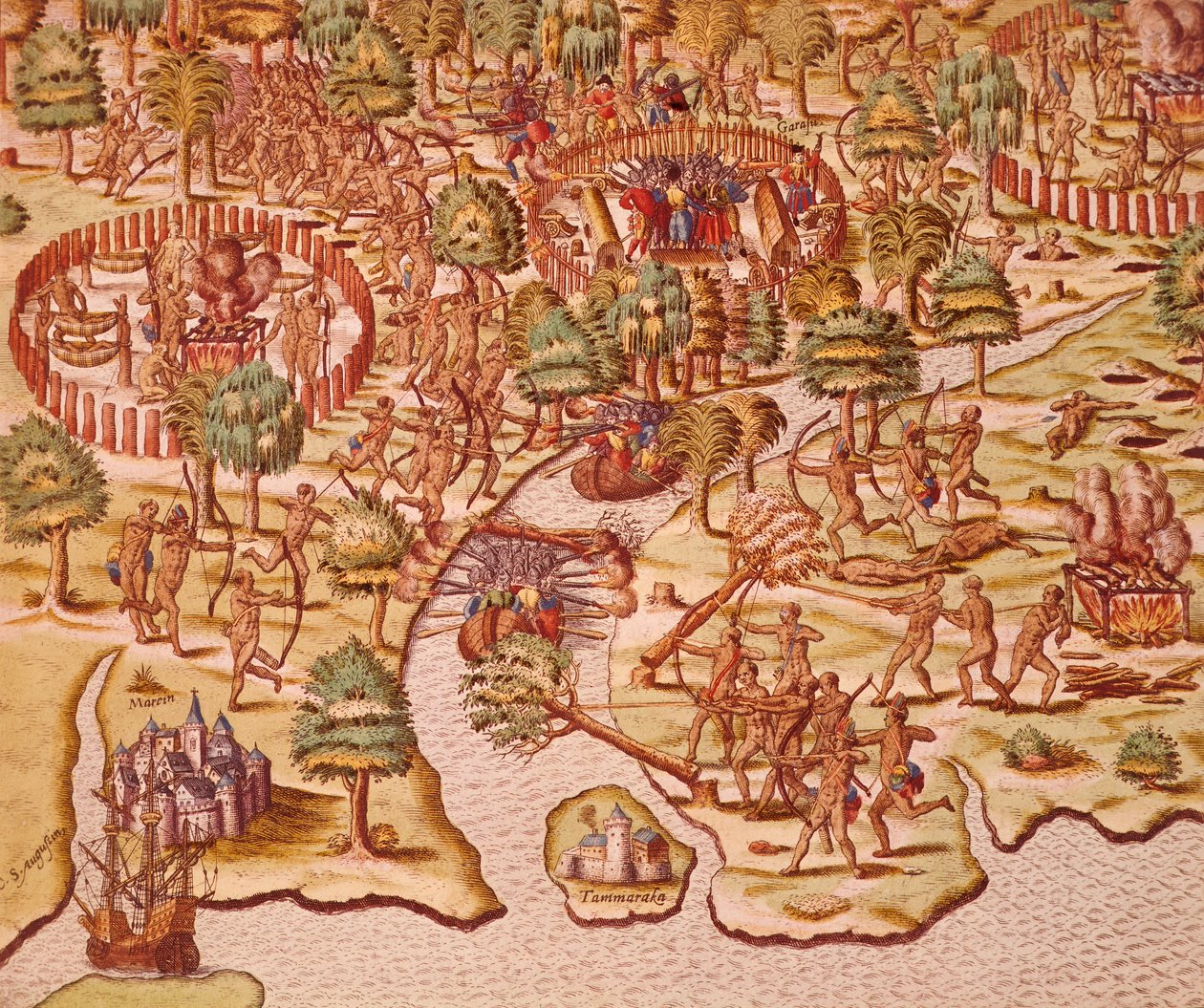 Yerliler ve fatihler arasındaki çatışmalarda kuşatma ve saldırı taktikleri by Theodore de Bry
