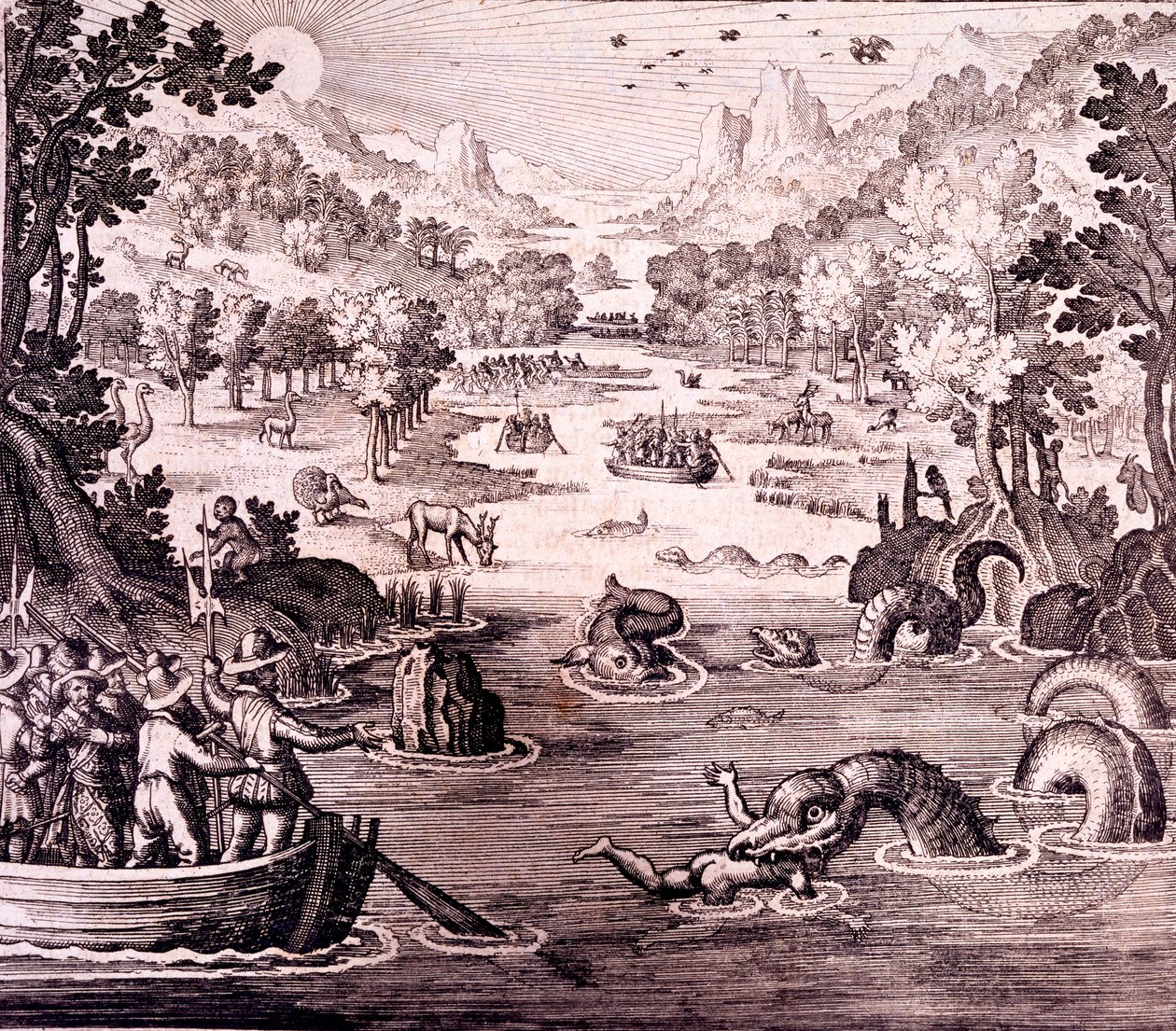 Sir Walter Raleigh: Johann Ludwig Gottfried tarafından 'Newe Weld un Americanische Historien'den Guyana'nın Büyük, Zengin ve Güzel İmparatorluğunun Keşfi, 1631 by Theodore de Bry
