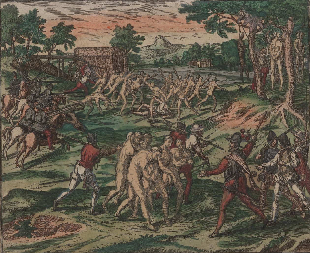Köleler İspanyol sahiplerini alt etmeye çalışır, ancak yakalanır ve ağaçlara asılır, 1595. by Theodore de Bry