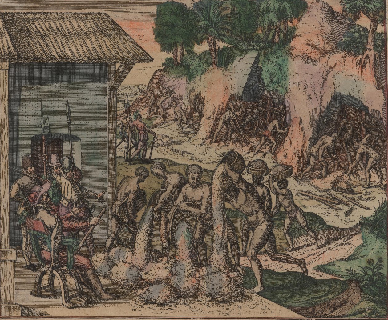 Köleler Avrupalı askerlerin önüne cevher döküyor. Arka planda, madenlerde çalışan köleler, 1595. by Theodore de Bry