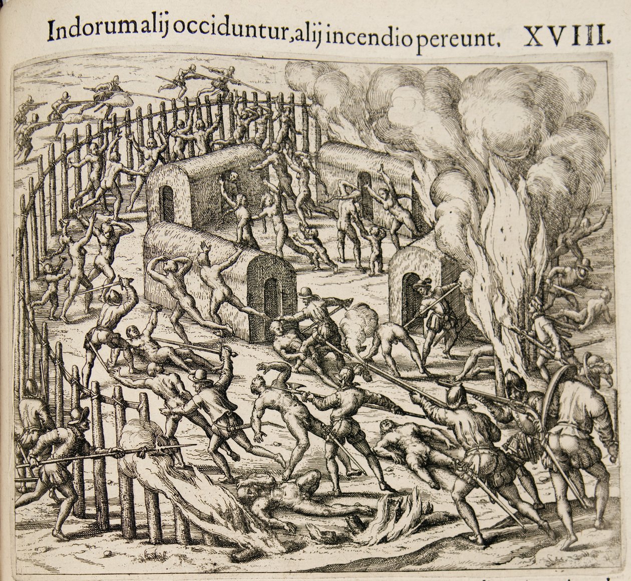 Bazı Kızılderililer öldürülür, bazıları bir yangında can verir. Gönderen: Americae pars quarta by Theodore de Bry