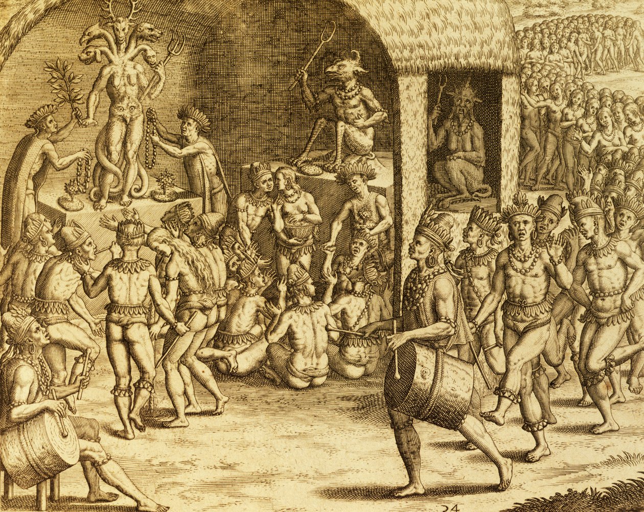 Güney Amerika yerli dini ayini, Theodor de Bry (1528-1598), Frankfurt tarafından Historia americae