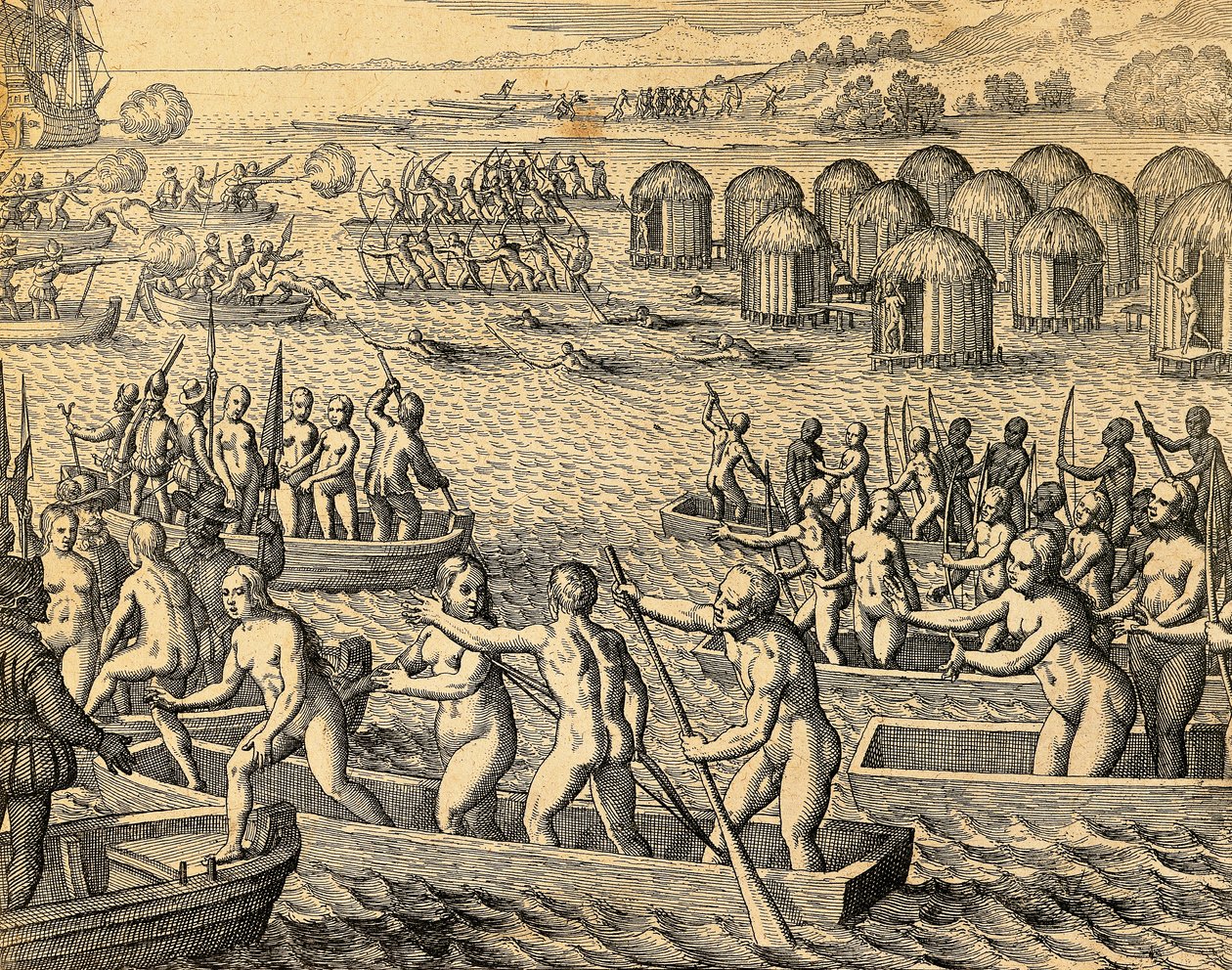 Güney Amerika yerlileri fatihlerin gemilerine saldırıyor by Theodore de Bry