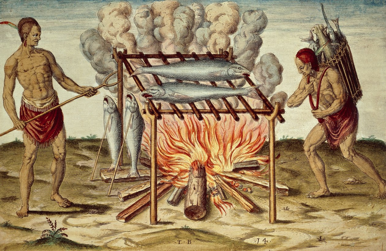 Balık pişiren Taino yerlileri, Theodor de Bry (1528-1598) tarafından John White