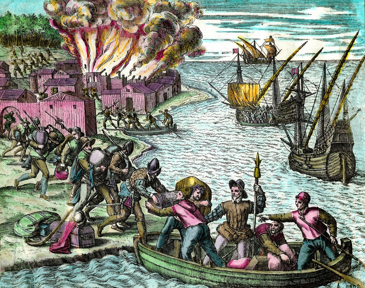 Fransızlar Chiorera şehrini yağmalayıp yakıyor Theodore de Bry (1528-1598) “Amerika Tarihi”nden Gravür 16. yüzyıl Özel Koleksiyon by Theodore de Bry