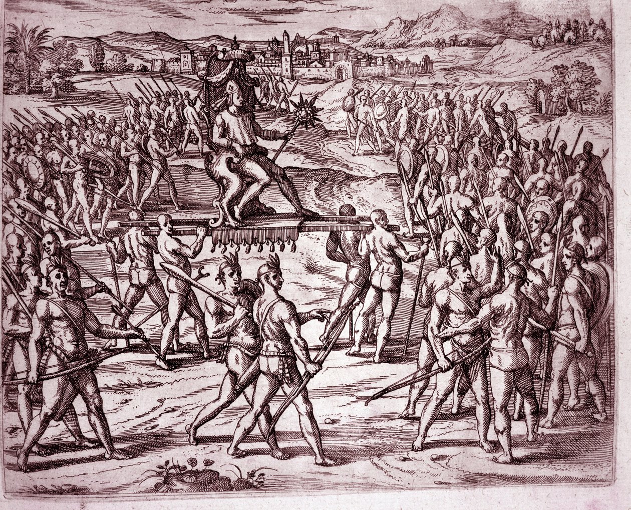 Güneş şeklinde bir asa tutan İnka kralı Atahualpa (veya Atabaliba), Francisco Pizarro