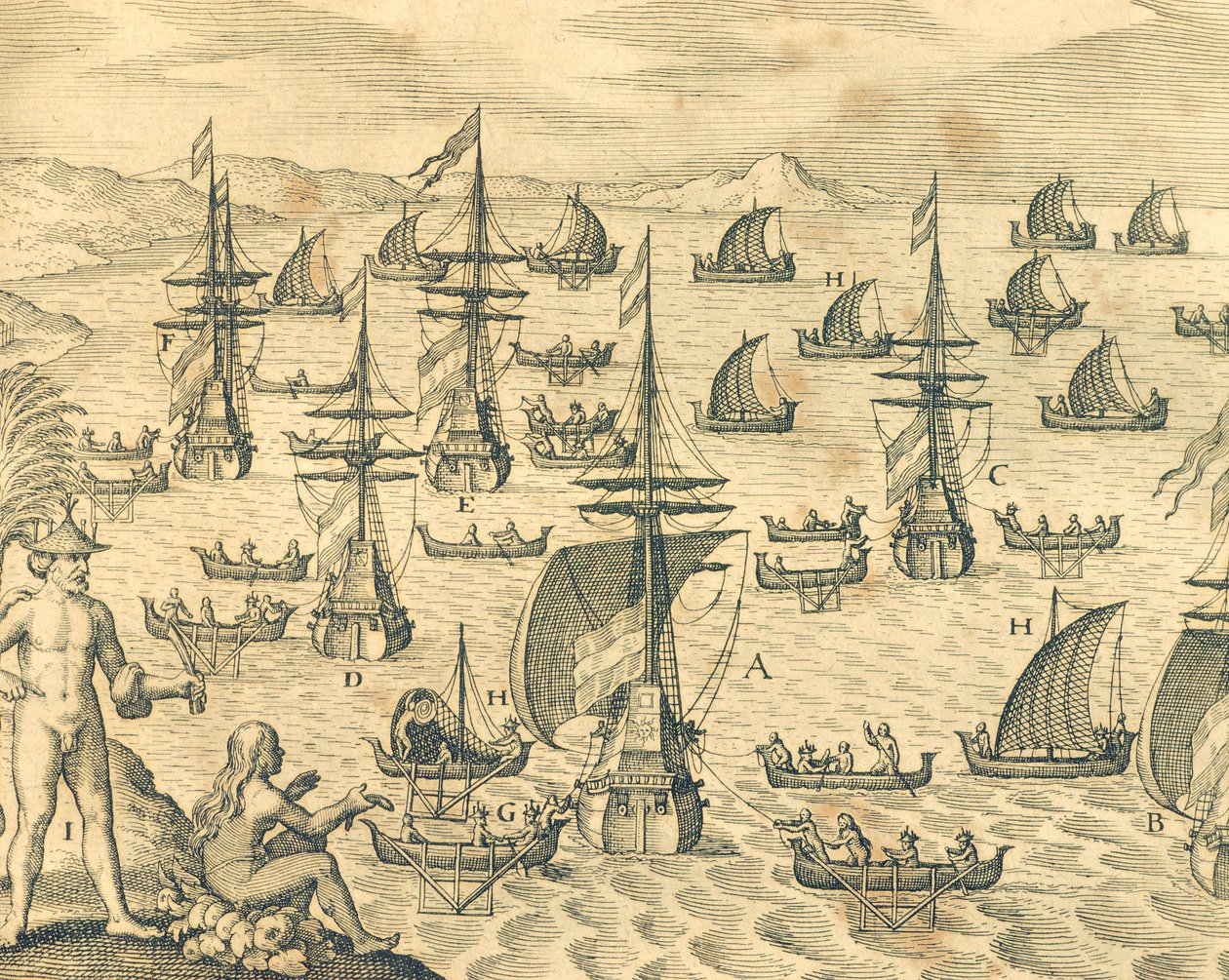 Hırsızlar Adası, Theodore de Bry, Kuzey Amerika 17. Yüzyıl tarafından Amerikan Tarihinden oyma. by Theodore de Bry
