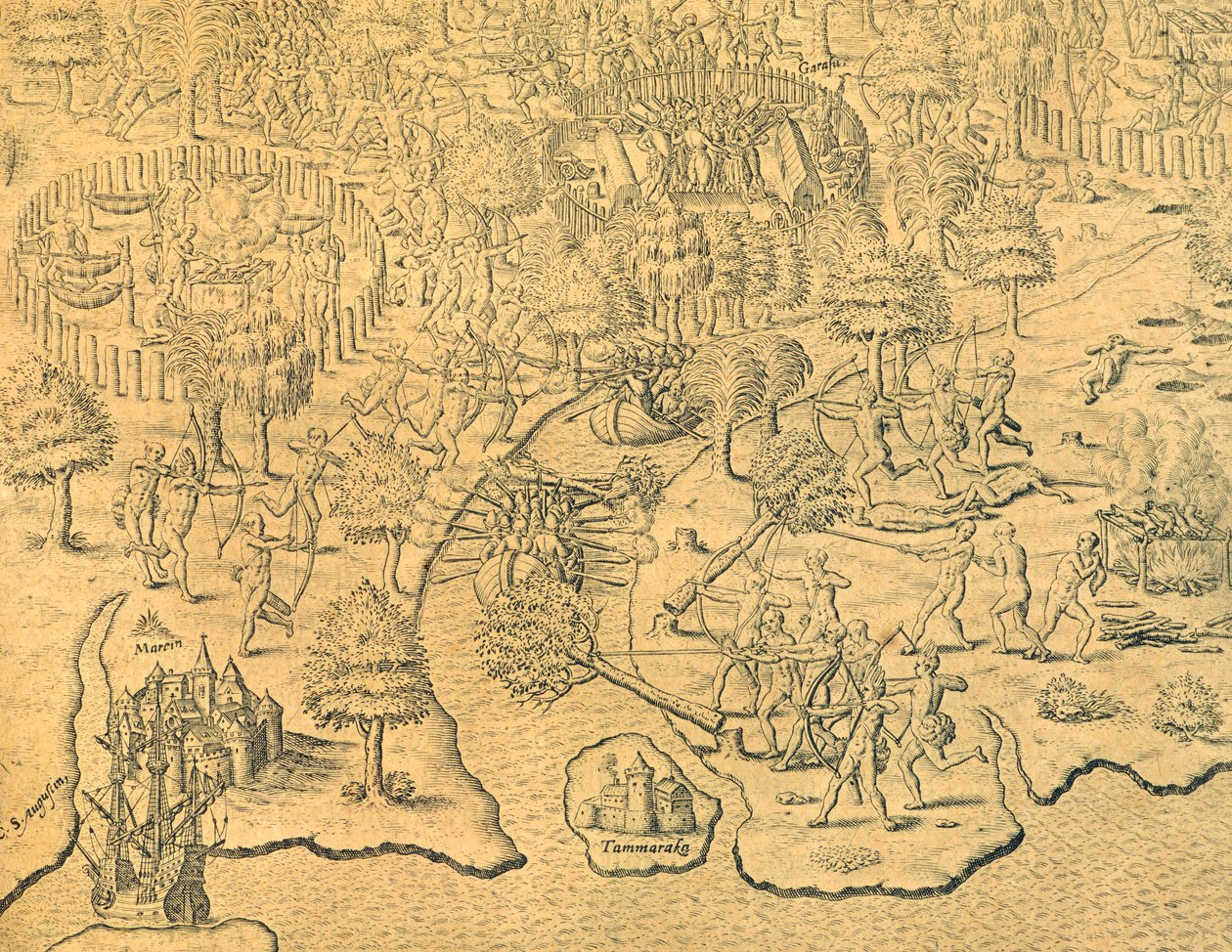 Portekizliler içeriye doğru ilerliyor ve yerel bir kabile tarafından saldırıya uğruyor. by Theodore de Bry