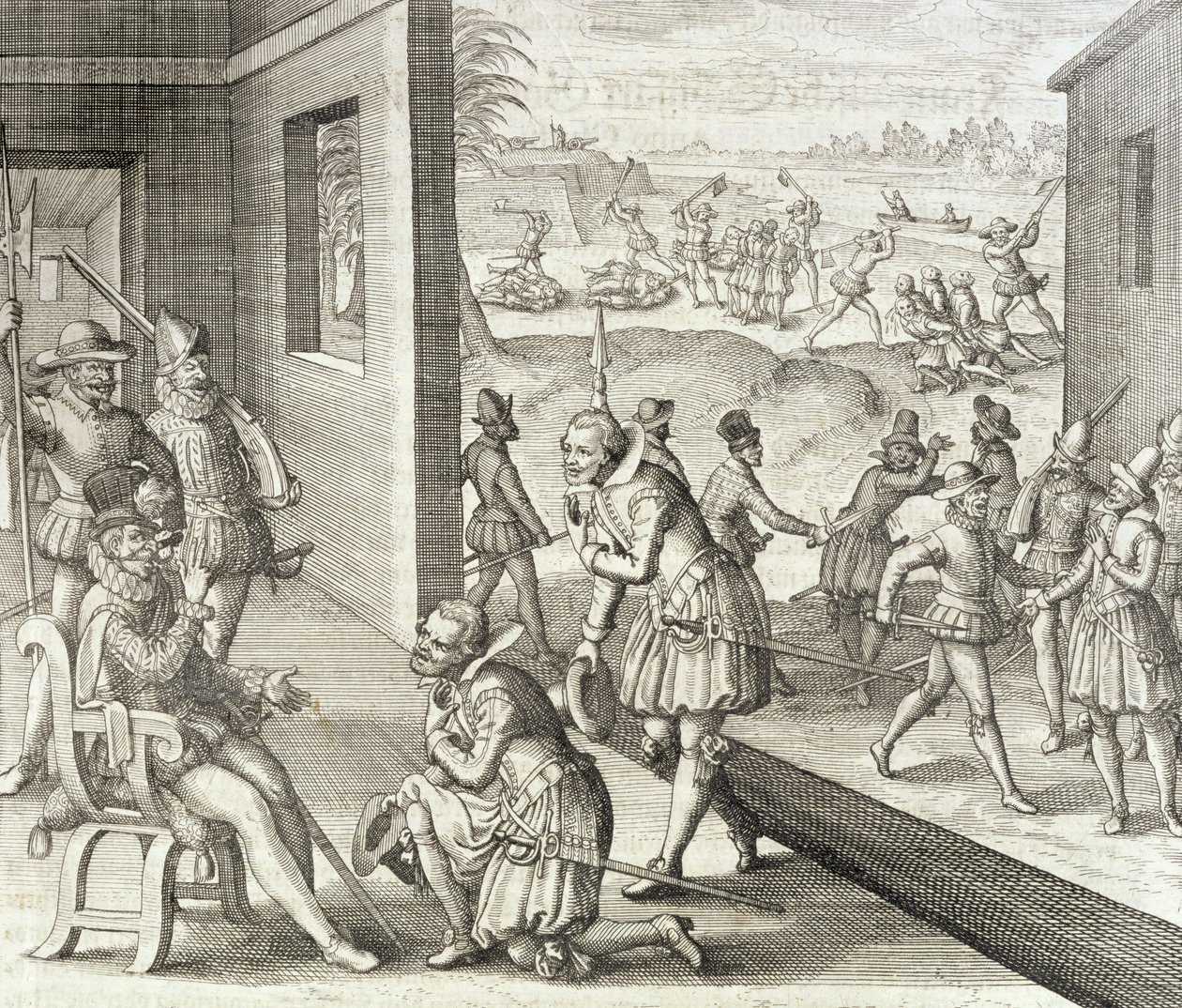 Johann Ludwig Gottfried tarafından yazılan 'Newe Welt und Americanische Historien'den İspanyol Yakalama Fort Caroline, 1565, Mattaeus Merian tarafından yayınlanmıştır, Frankfurt, 1631 by Theodore de Bry