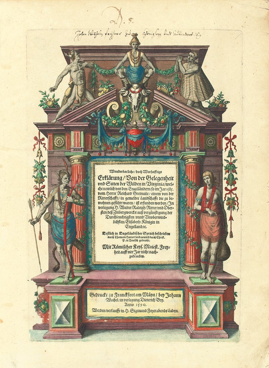 "Büyük Yolculuklar: Amerika"nın ilk bölümünün Almanca ilk baskısının başlık sayfası, 1590 by Theodore de Bry