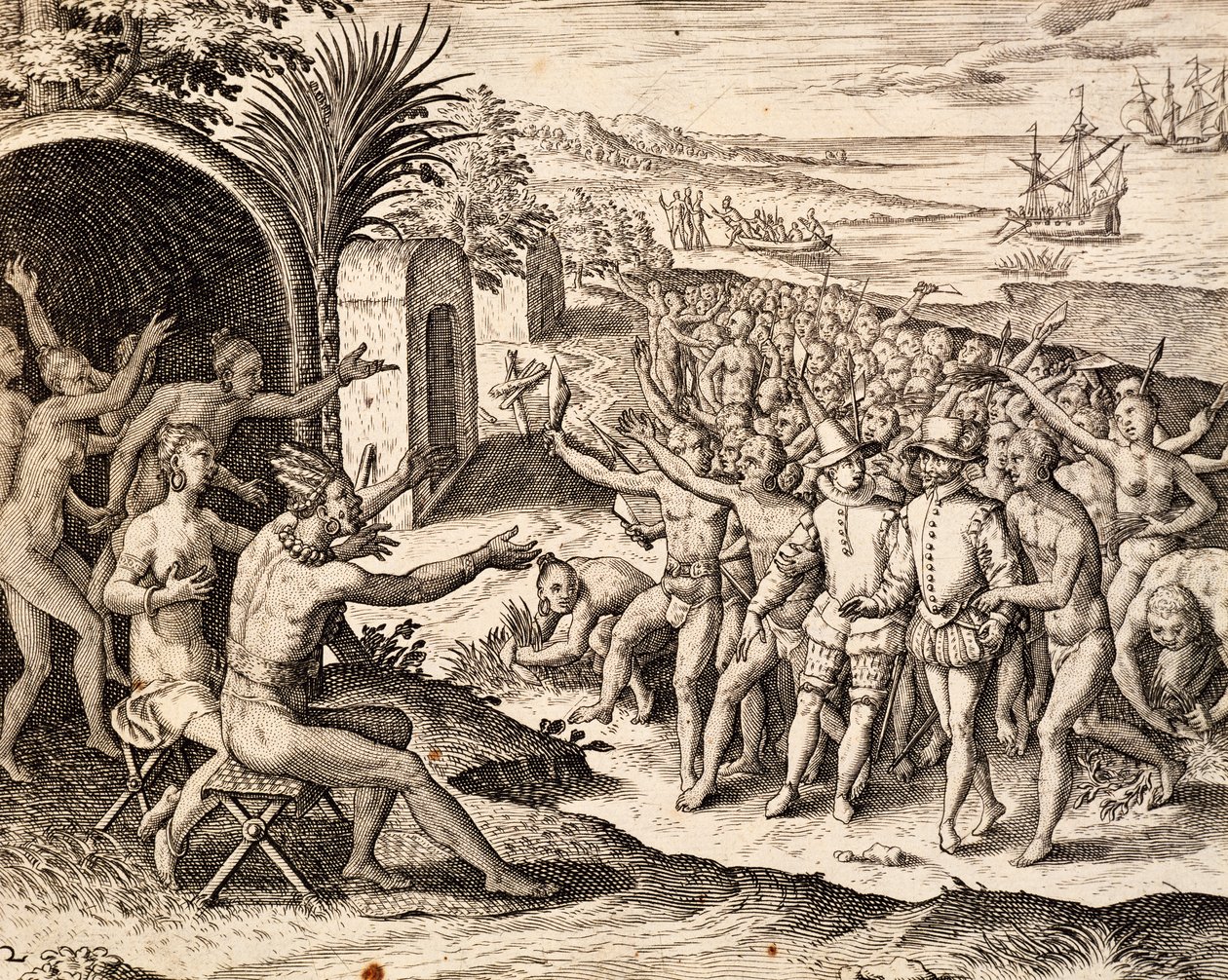 Theodor de Bry (1528-1598), Endonezya tarafından iş Hindistan orientalis, gravür Hollandalı karşılama by Theodore de Bry
