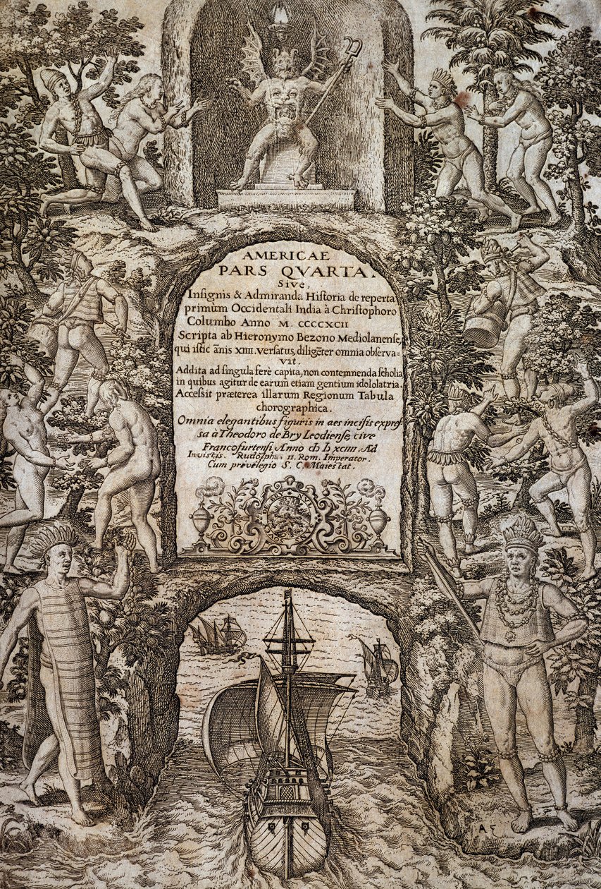 Batı Hint Adaları veya Amerika, Theodor de Bry (1528-1598), ön yüz, gravür by Theodore de Bry
