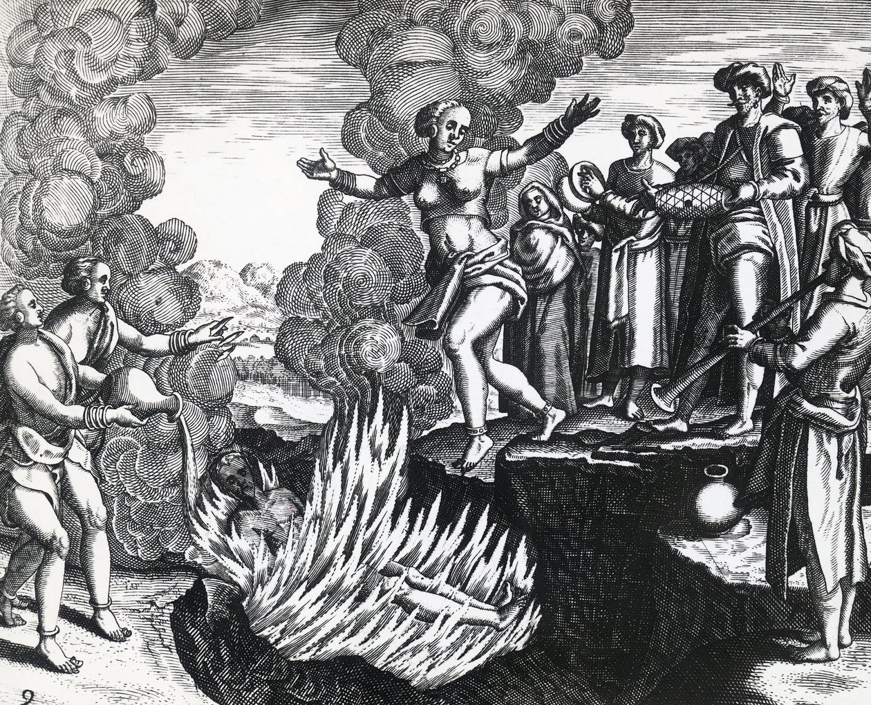 Kendini kocasının ateşinin üzerine atan kadın, Theodor de Bry (1528-1598), gravür by Theodore de Bry
