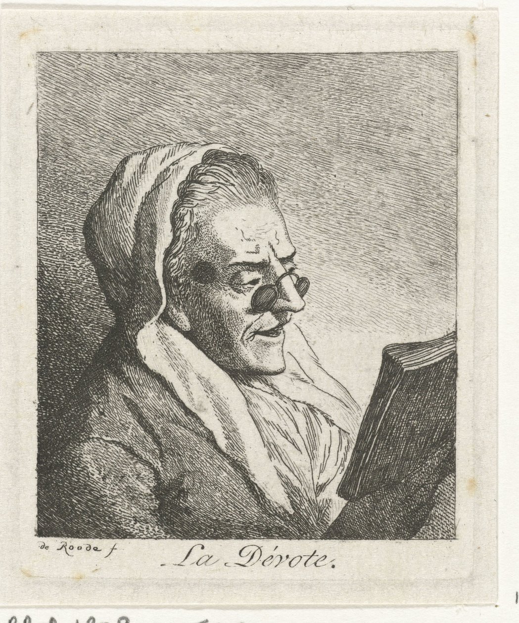 Yaşlı kadını pince-nez ile okumak La Dévote (nesne üzerindeki başlık) by Theodorus de Roode