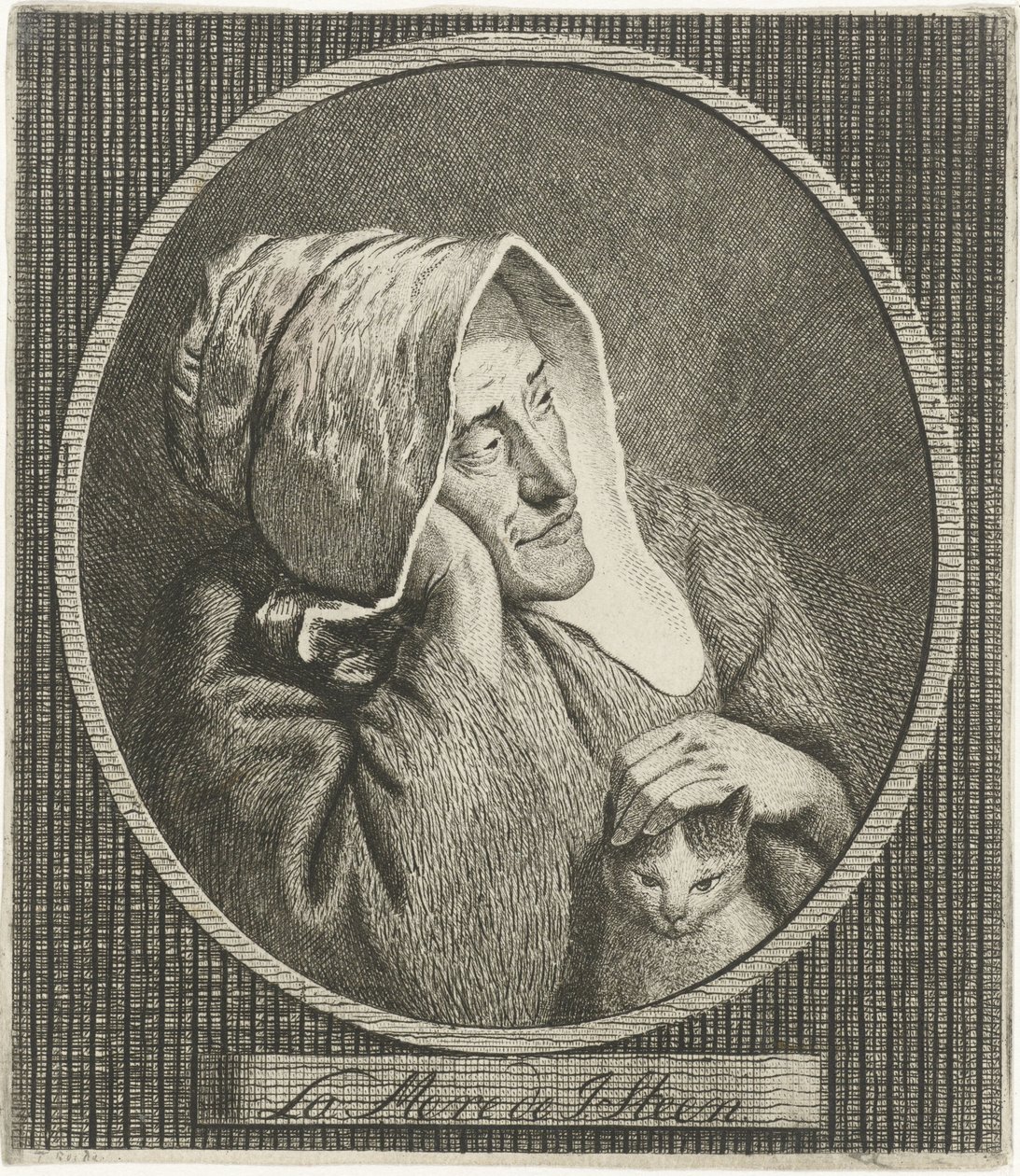 kedi ile yaşlı kadın La Mere de J. Steen (nesne üzerindeki başlık) by Theodorus de Roode