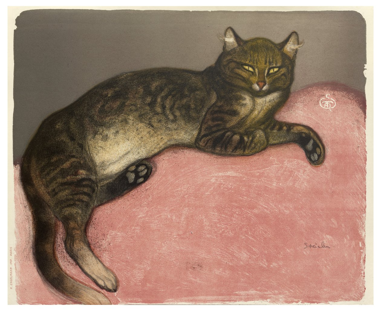 Kış, Bir yastık üzerinde kedi, 1909 (krem dokuma kağıt üzerinde renkli lito) by Théophile Alexandre Steinlen