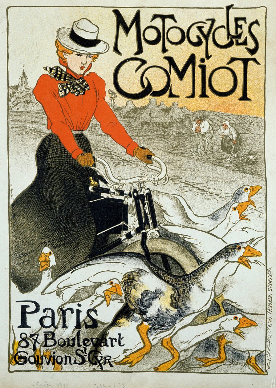 Comiot motosikletleri için reklam afişi. Mopedli genç bir kadın bir grup kaz arasında yuvarlanıyor. Theophile Alexandre Steinlen