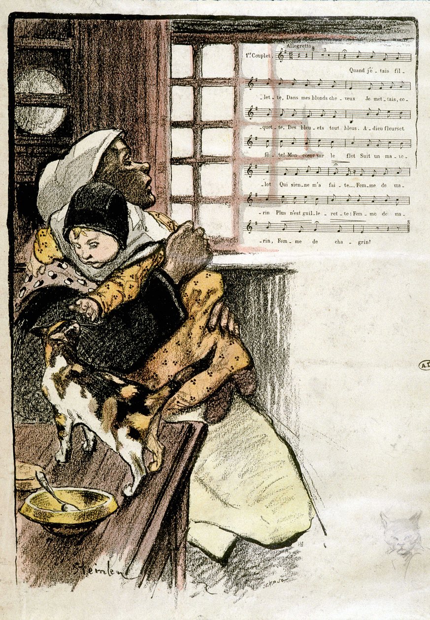 Bir kediyle oynayan bir kadının kollarındaki çocuk, hasta. Notalar için Steinlen, s.d. 19e s. by Théophile Alexandre Steinlen