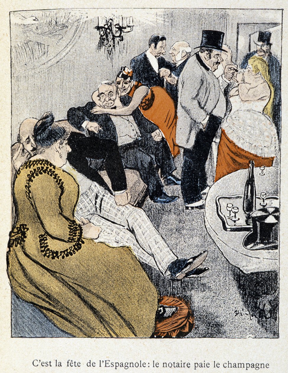 Filles et Marlous: İspanyolların bayramıdır: noter şampanyayı öder - “Dans la vie”de, Steinlen 1901 (no. 27695 ile aynı çizim) by Théophile Alexandre Steinlen