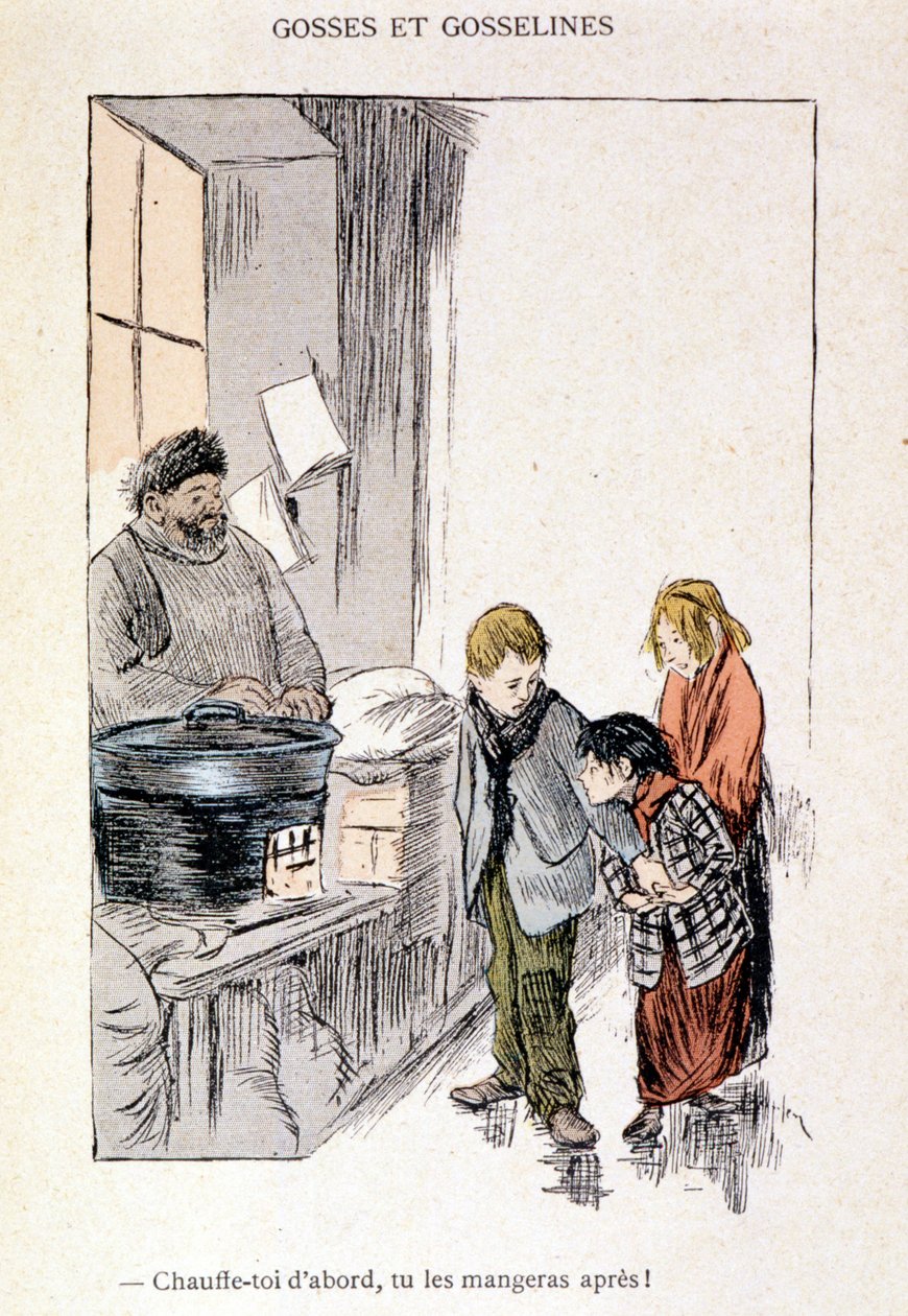 Çocuklar ve Gosselines: Önce kendinizi ısıtın, sonra yiyeceksiniz! Steinlen 1901 tarafından “Hayatta” içinde by Théophile Alexandre Steinlen