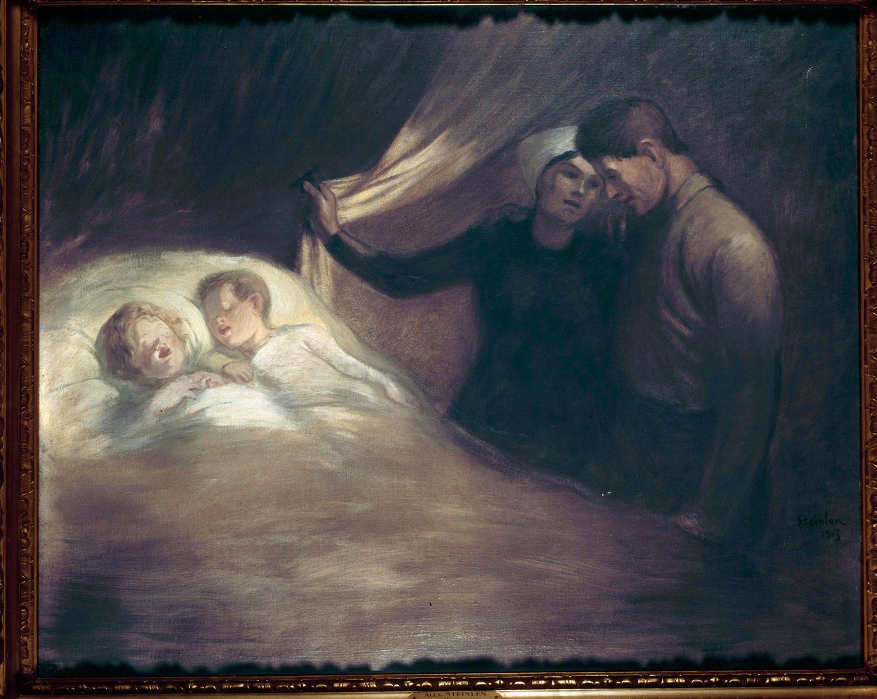 Yoksul İnsanlar Mütevazı koşullarda bir çift ebeveyn, çocuklarını uyurken izlerken fısıldar. Theophile Alexandre Steinlen