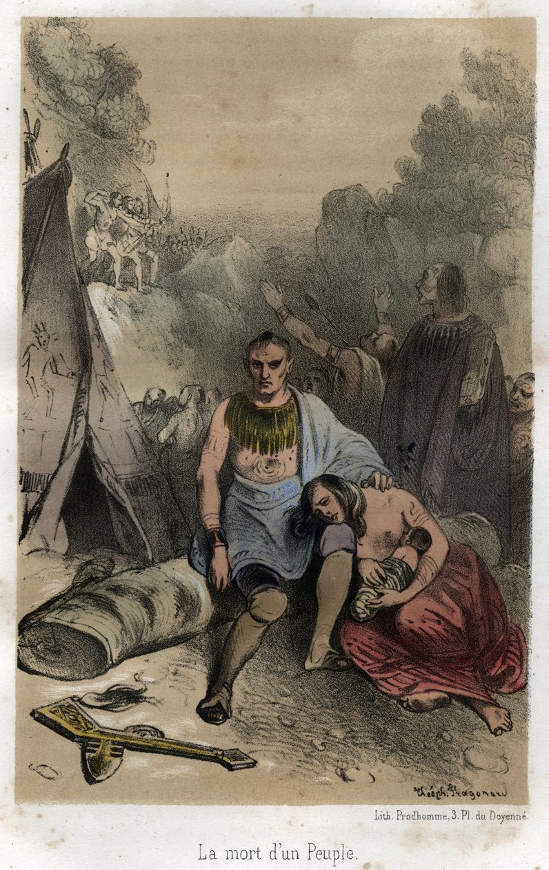 1763'te (Paris Antlaşması) Kanada'da Iroquois tarafından Huronlar katliamları. Theophile Fragonar tarafından çizilen Adolphe Boucher tarafından 1845'ten “” Düzenin kuruluşundan günümüze kadar Cizvitlerin dramatik ve pitoresk tarihi” nde gravür by Theophile Evariste Fragonard