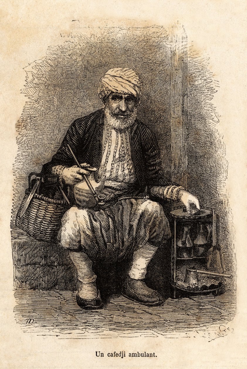 Trabzon çarşısında (bugünkü Trabzon, Karadeniz kıyısında) seyahat eden bir kafe satıcısı (cafedji), anlatıcının bir çiziminden sonra gravür, 1869