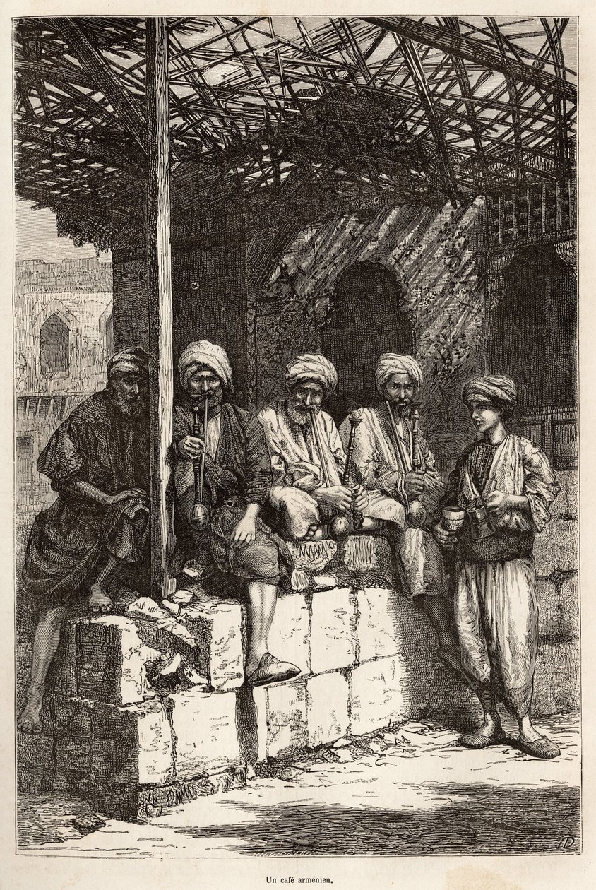 Bir Ermeni kafesi, erkeksi bir şenlik yeri, kahve içmek ve pipo içmek için, yazarın bir çiziminden sonra gravür, Lazistan ve Ermenistan
