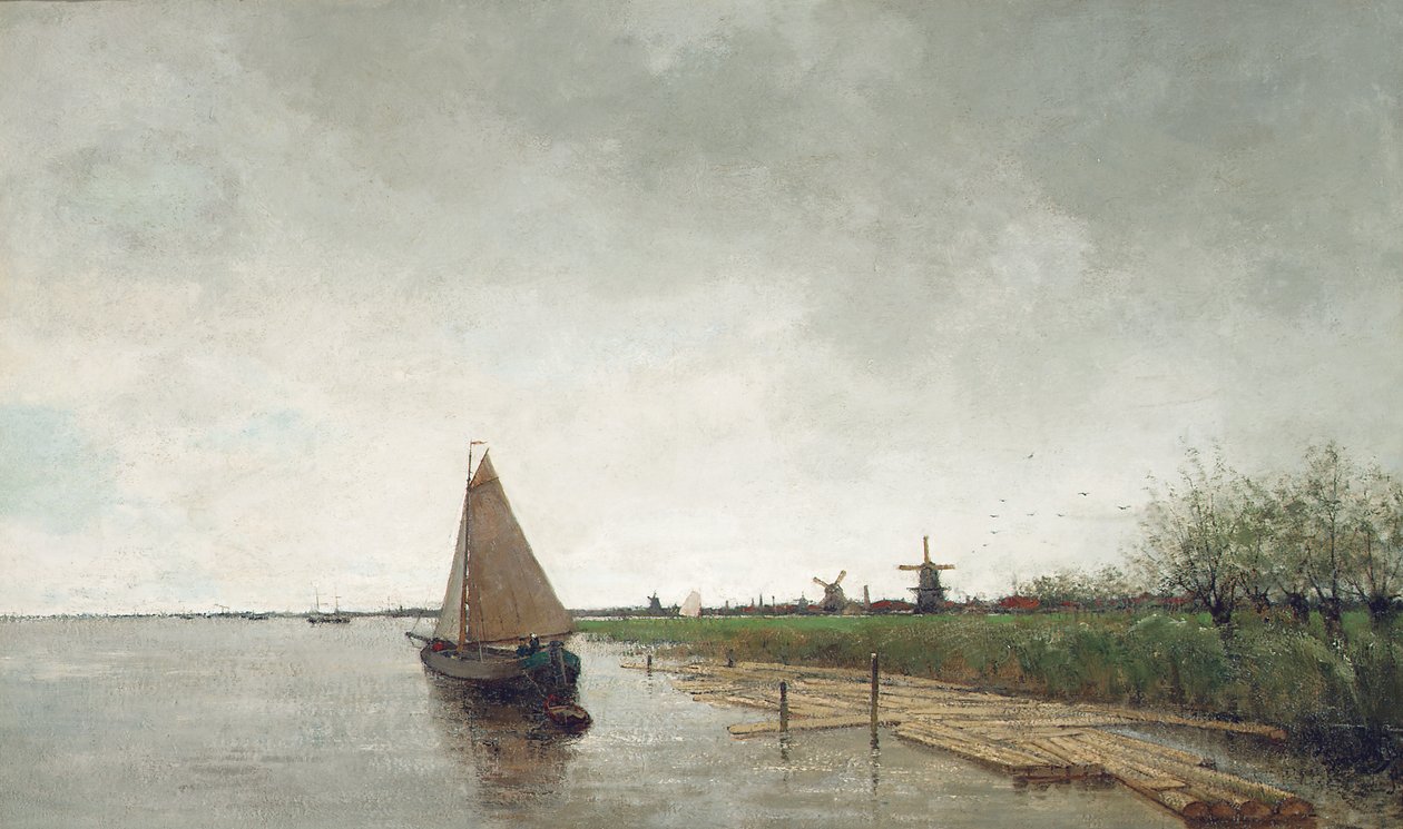 Gemilerle dolu bir nehir manzarası, ötesinde bir şehir (tuval üzerine yağlı boya) by Theophile de Bock
