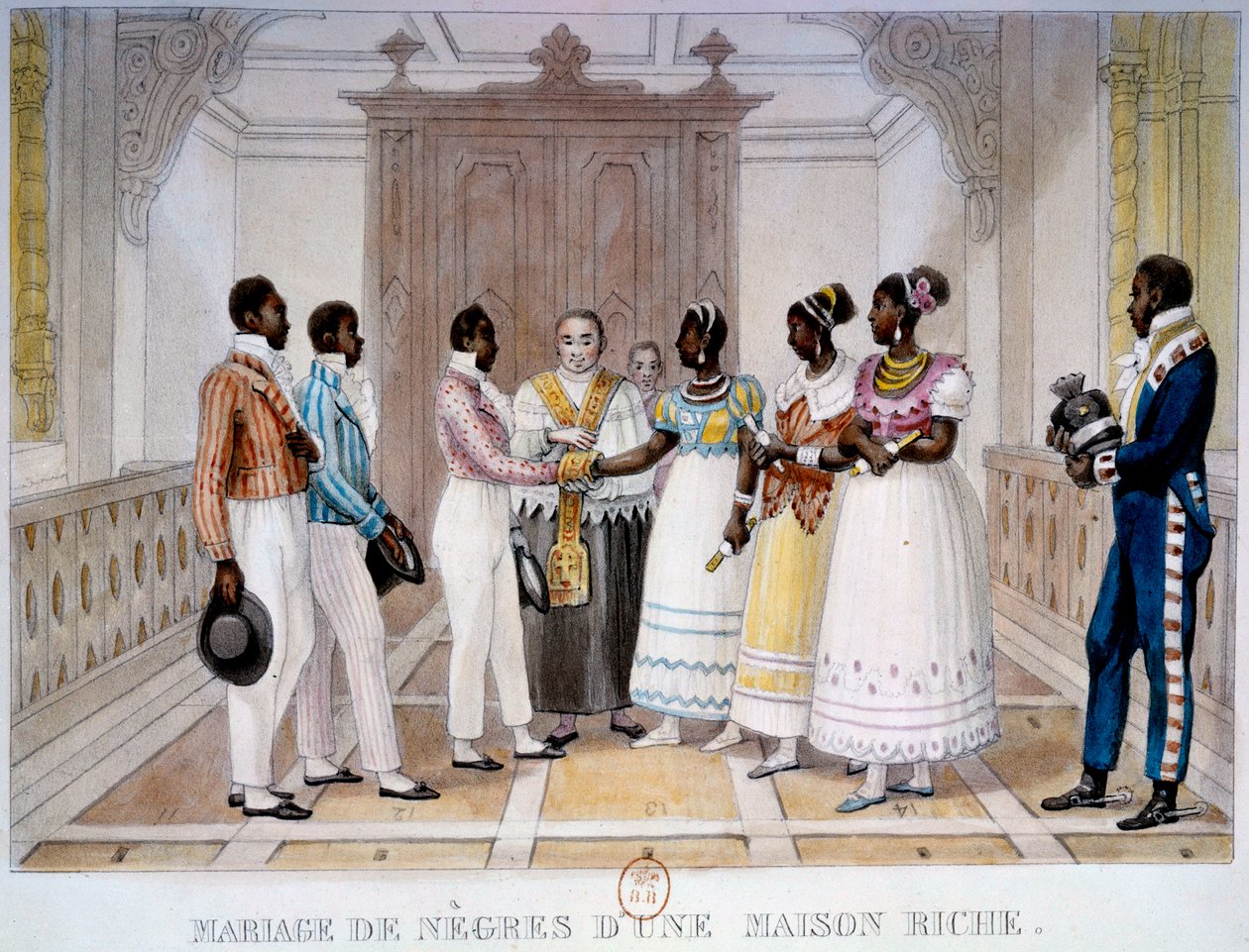 Zengin bir evin zencilerinin düğünü Jean Baptiste Debret (1768-1848) tarafından “” Voyage Picturesque et Historique au Brazil”den Thierry Freres tarafından Litografi 1839 Paris, B.N. by Thierry Frères