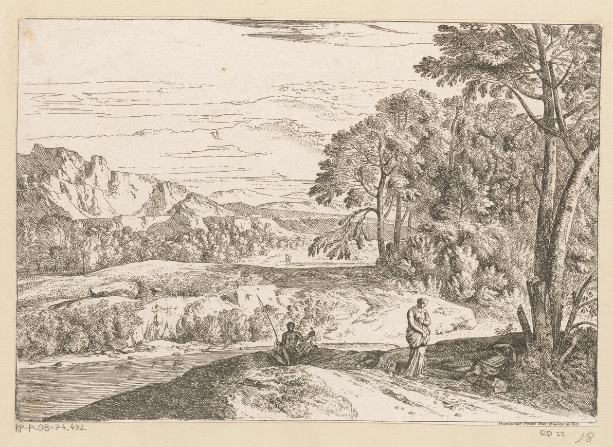 Bir dere kenarında bir balıkçı ile Arcadian manzara Suite de Paysages (dizi başlığı) by Théodore