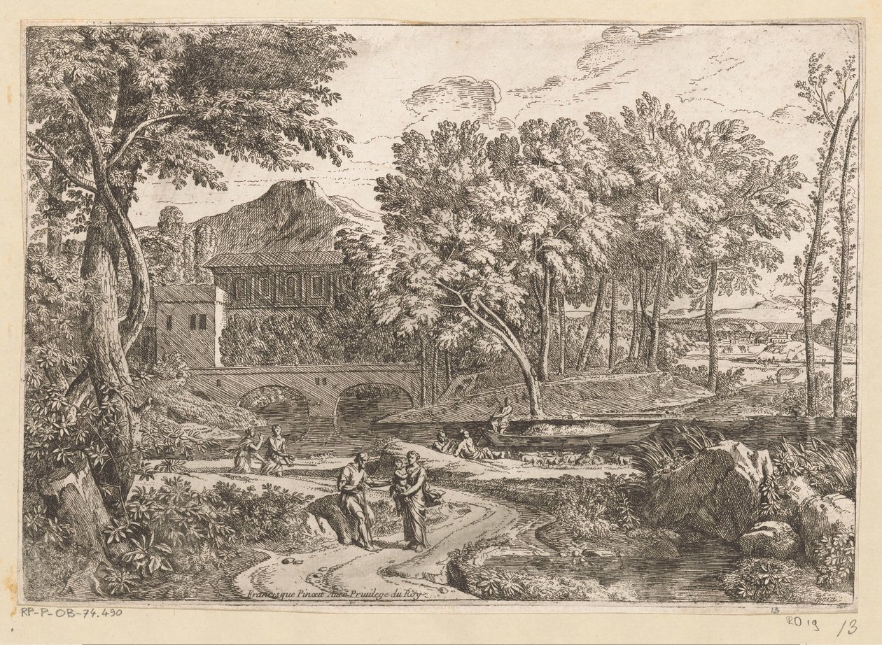 Su kenarında bir keçi sürüsü ve diğer figürlerle birlikte bir yolda çocuğu olan bir anne ile Arcadian manzarası Suite de Paysages (dizi başlığı) by Théodore
