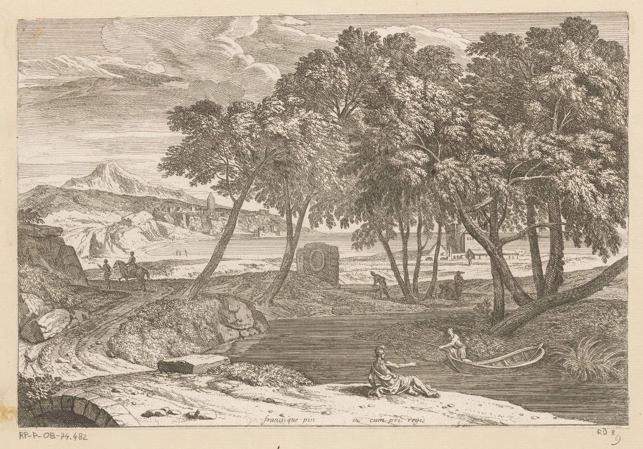 Bir teknede bir balıkçı ile Arcadian manzara Suite de Paysages (dizi başlığı) by Théodore