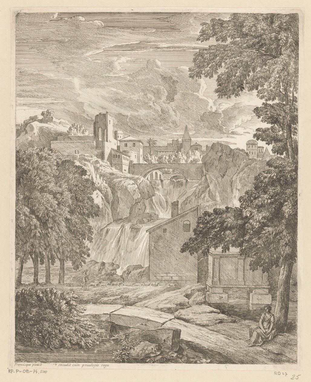 Bir şelale ve bir ağacın altında bir kadın ile Arcadian manzara Suite de paysages (dizi başlığı) by Théodore