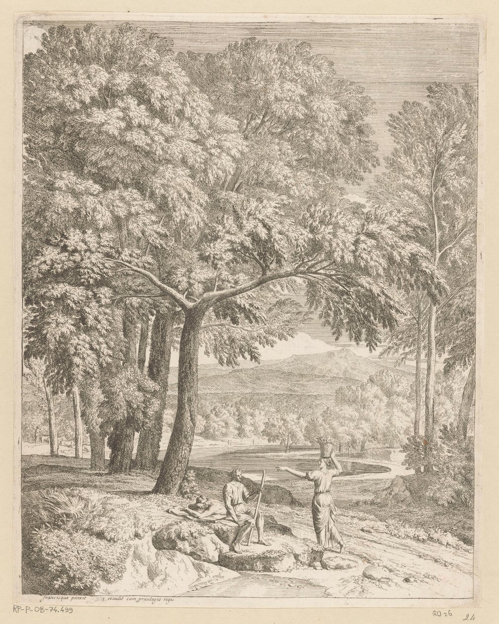 İki erkek ve bir sepet taşıyan bir kadınla Arcadian manzarası Suite de paysages (dizi başlığı) by Théodore