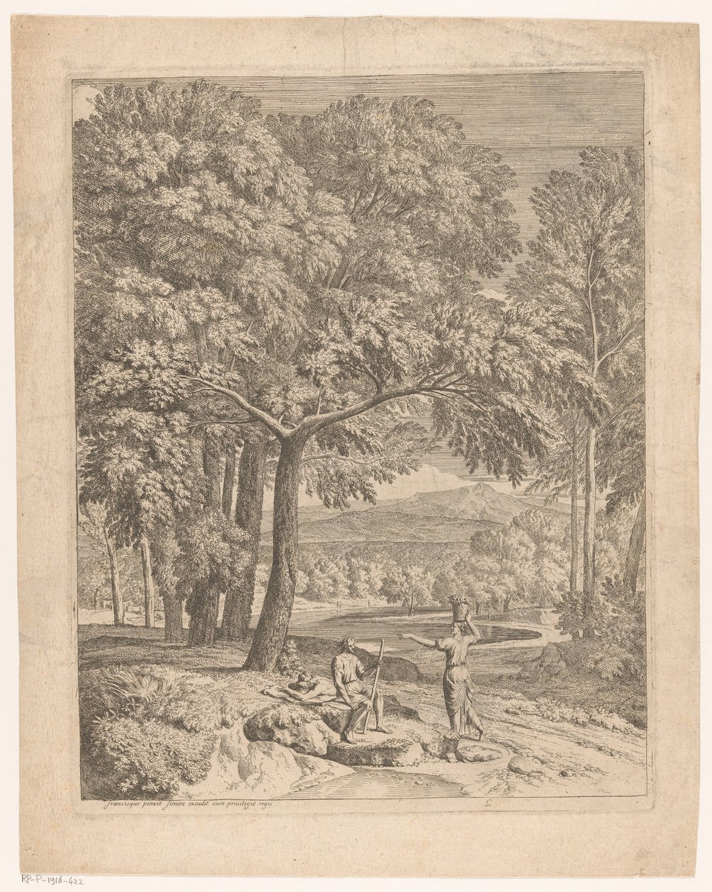 İki erkek ve bir sepet taşıyan bir kadın ile Arcadian manzara Suite de paysages (dizi başlığı) by Théodore