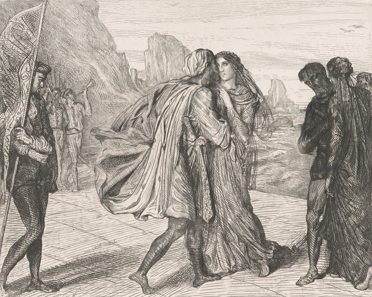 Ey benim adil savaşçım!: Othello 2. Perde, Sahne 1'den levha 5, 1844'te kazınmış, 1900'de yeniden basılmış. by Théodore Chassériau