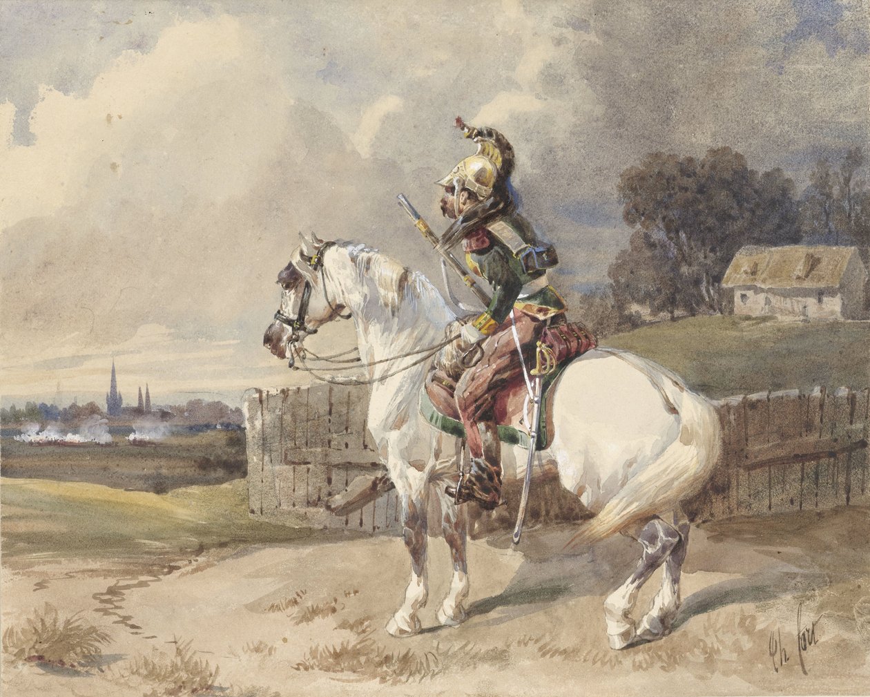 Beyaz bir at üzerinde Fransız ejderhası, profilde sola döndü by Théodore Fort (signed by artist)