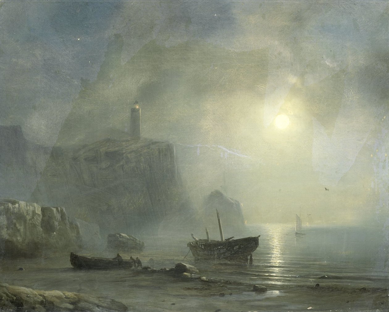 Ay Işığında Kayalık Sahil Görünümü by Théodore Gudin (attributed to)