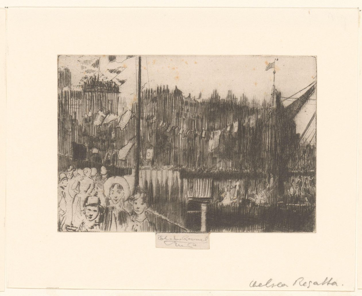 Bayraklarla süslenmiş bir iskelede figürlerle şehir manzarası Chelsea Yarışları by Théodore Roussel (signed by artist)