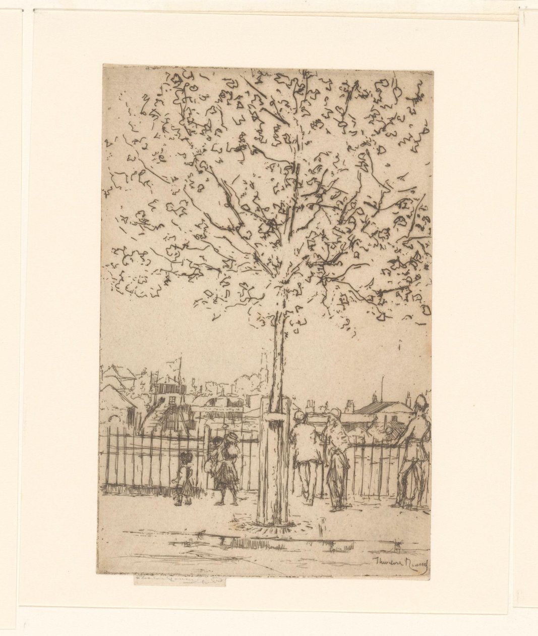 Bir nehir boyunca bir çitte altı figür, ön planda bir ağaç Chelsea Embankment, Haziran, 17:00, 1889 by Théodore Roussel (signed by artist)