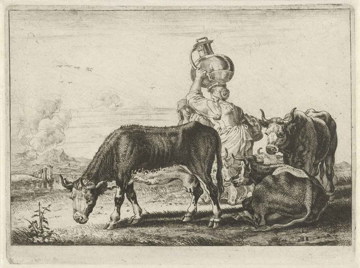 İnekler ve iki sütçü kız by Théodorus van Kessel