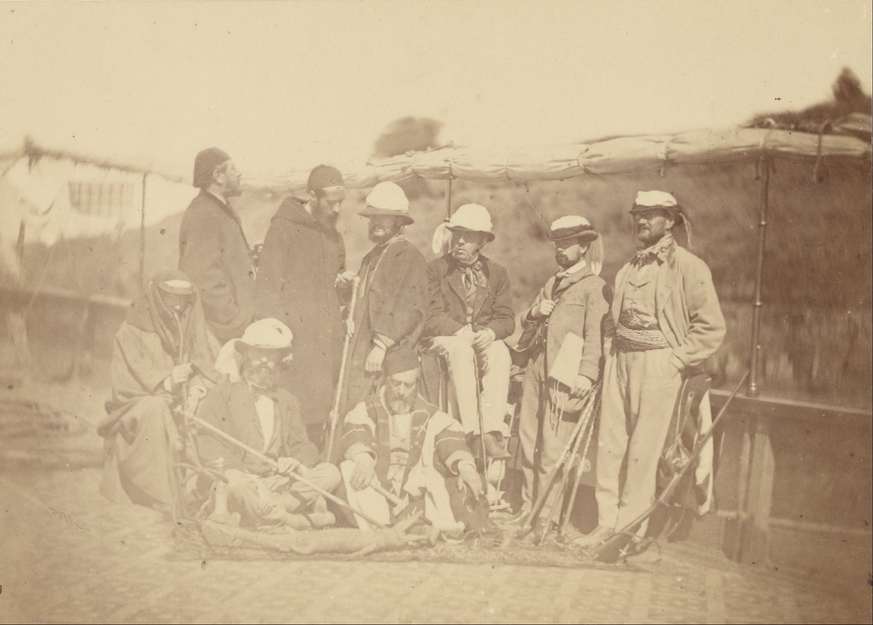 (Bir teknede Batılı erkeklerin grup portresi (muhtemelen Henri Pereire, M. Surell ve Arthur dahil ... by Théodule Devéria