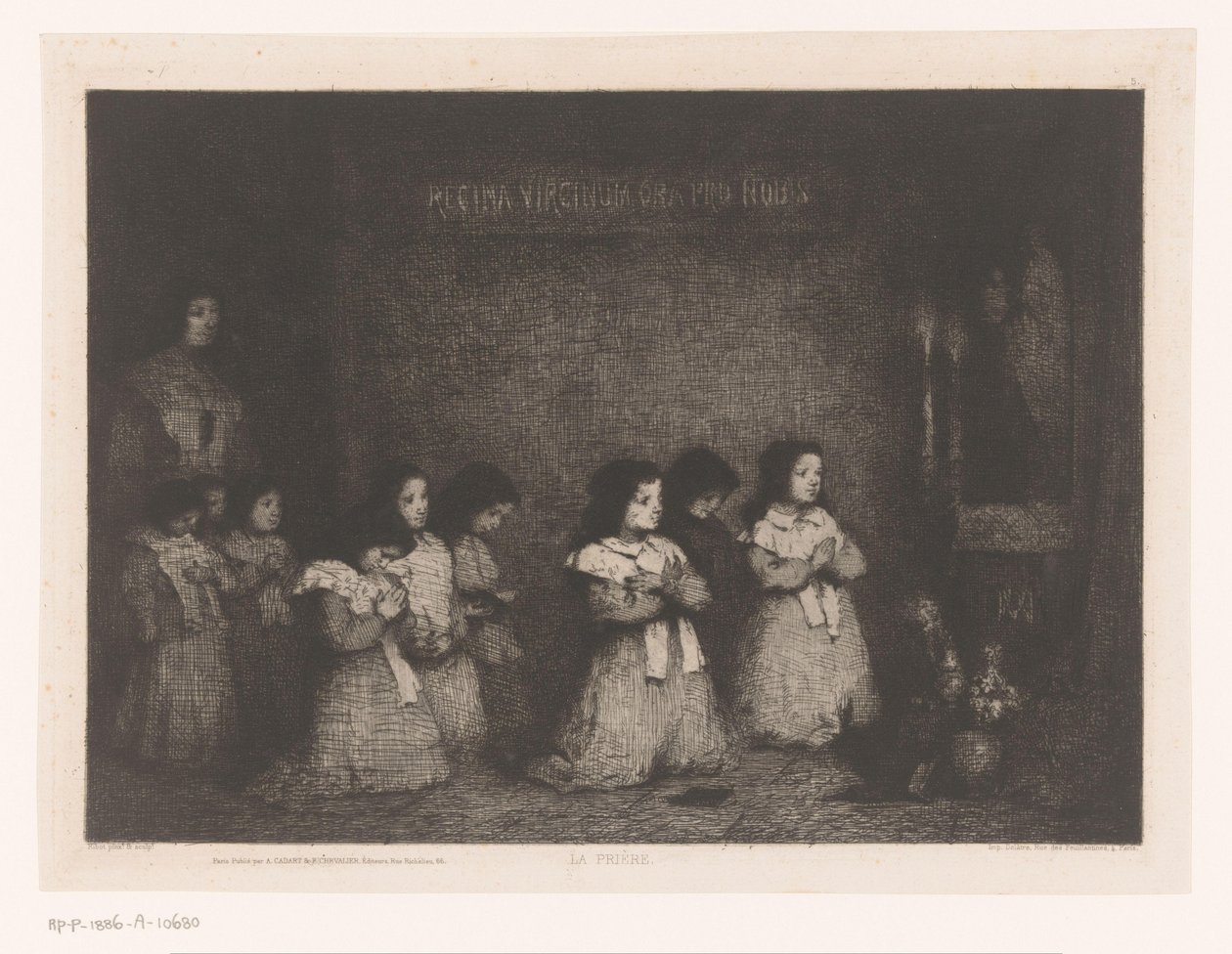 Bir grup kız Meryem heykelinin önünde dua ediyor La Priere (nesne üzerindeki başlık) Eaux-Fortes Modernes: Originales et Inédites (dizi adı) by Théodule Augustin Ribot