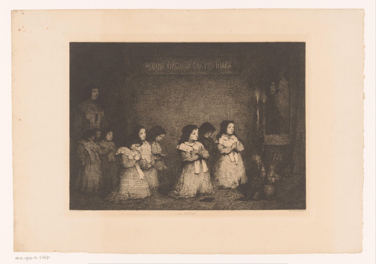 Bir grup kız Meryem heykelinin önünde dua ediyor La Priere (nesne üzerindeki başlık) Eaux-Fortes Modernes: Originales et Inédites (dizi adı) by Théodule Augustin Ribot